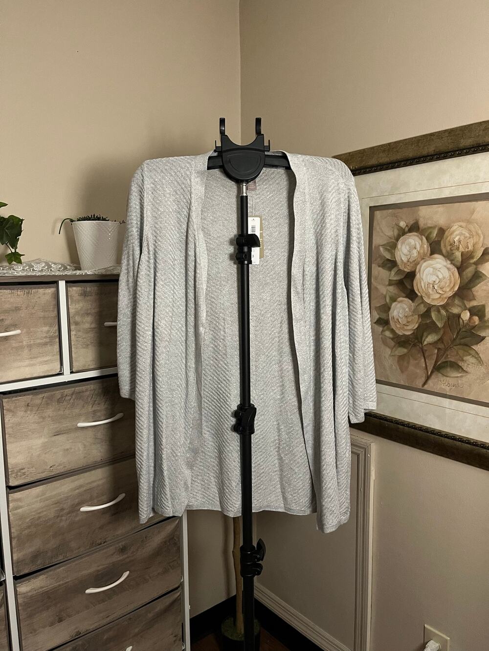 Chico’s Size 3 Metallic Silver Sparkle Open Front Cardigan NWT